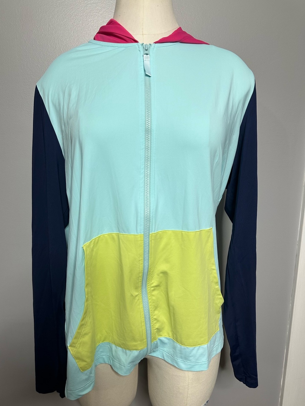 Lands End Women’s Colorblock Hooded Zip Front Rash Guard Breathable Large